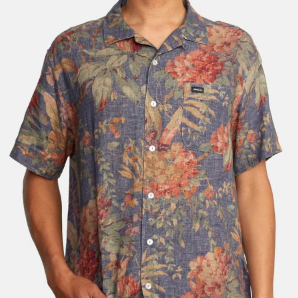 RVCA Blue Floral Short Sleeve Button-Down Shirt RARE